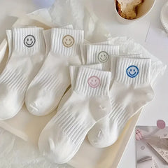 5 Pairs of Whimsical Cartoon Face Print Short Socks - Soft, Breathable, and Comfortable Polyester Knit Fabric