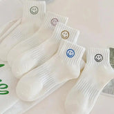 5 Pairs of Whimsical Cartoon Face Print Short Socks - Soft, Breathable, and Comfortable Polyester Knit Fabric