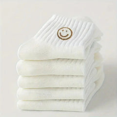 5 Pairs of Whimsical Cartoon Face Print Short Socks - Soft, Breathable, and Comfortable Polyester Knit Fabric