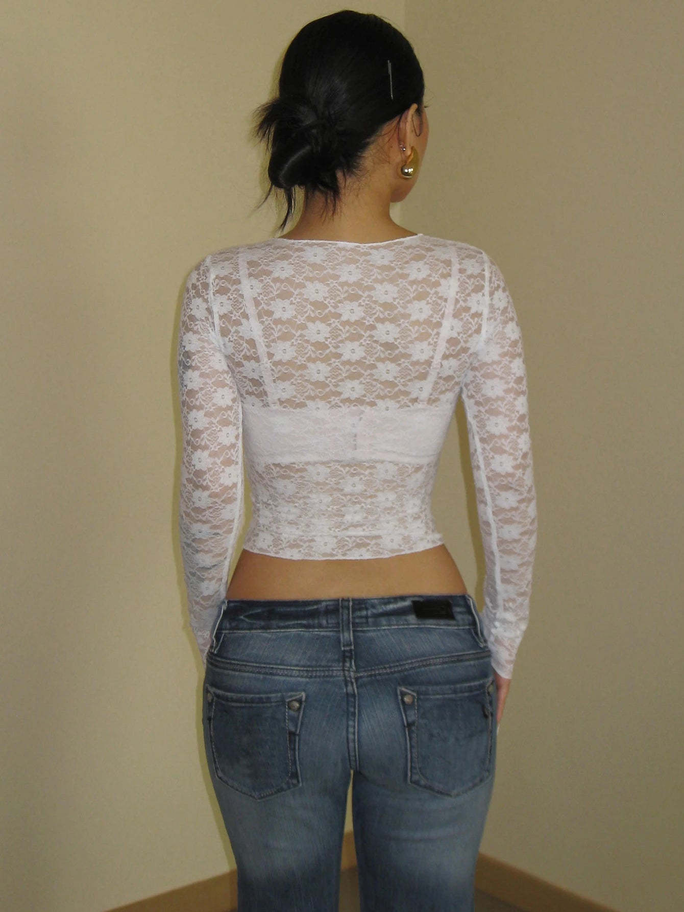 Dulzura Long Sleeves See Through Lace Crop Top Solid Sexy Bodycon T-Shirt For Women Party Club Spring Summer Clothes