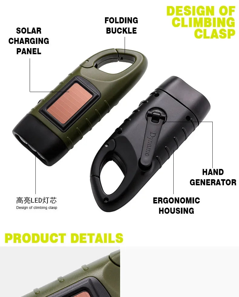 LED Flashlight Hand Crank Solar Powered Rechargeable Survival Gear Self Powered Charging Torch Dynamo for Fishing Boating Hiking
