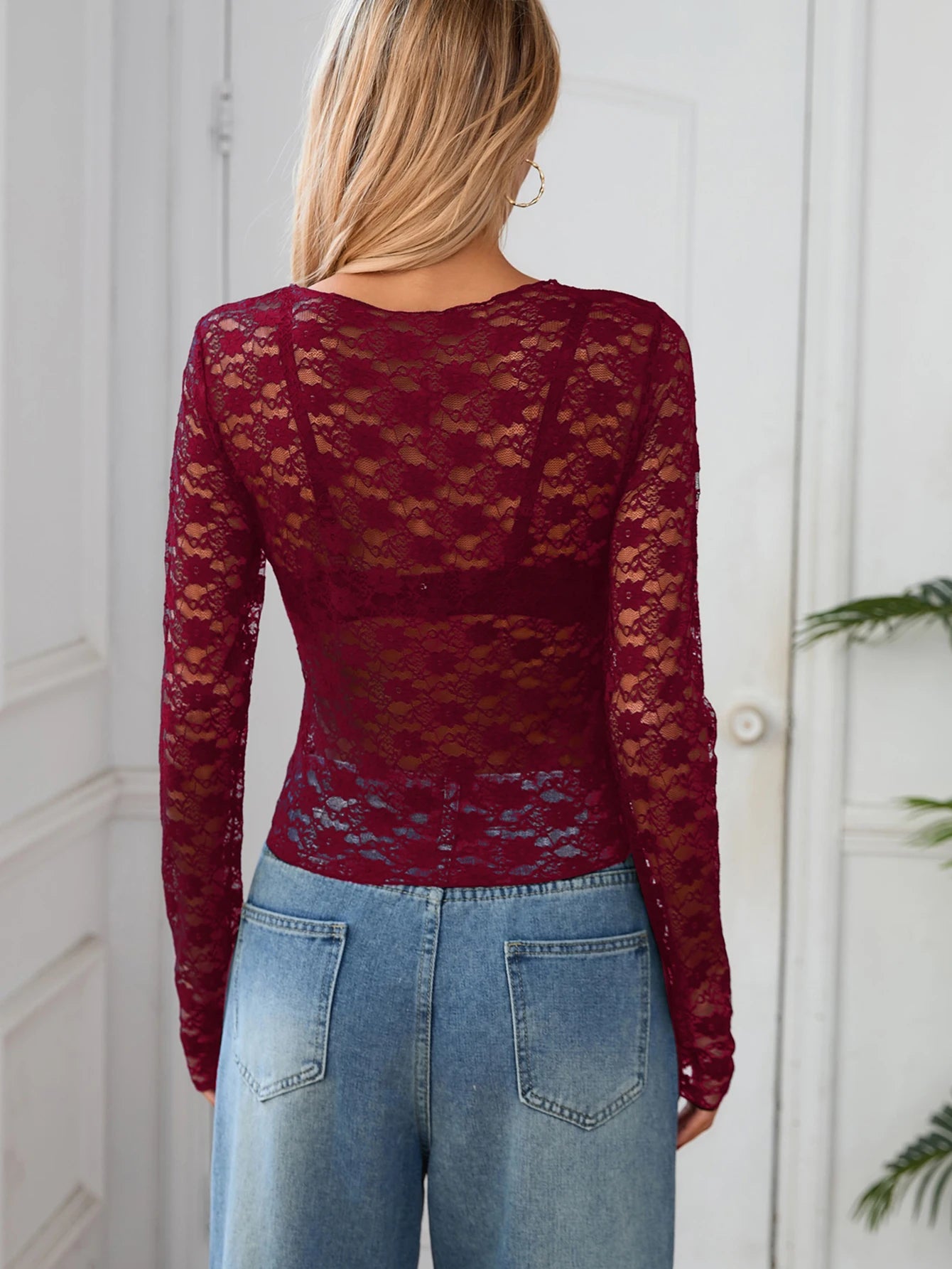 Dulzura Long Sleeves See Through Lace Crop Top Solid Sexy Bodycon T-Shirt For Women Party Club Spring Summer Clothes