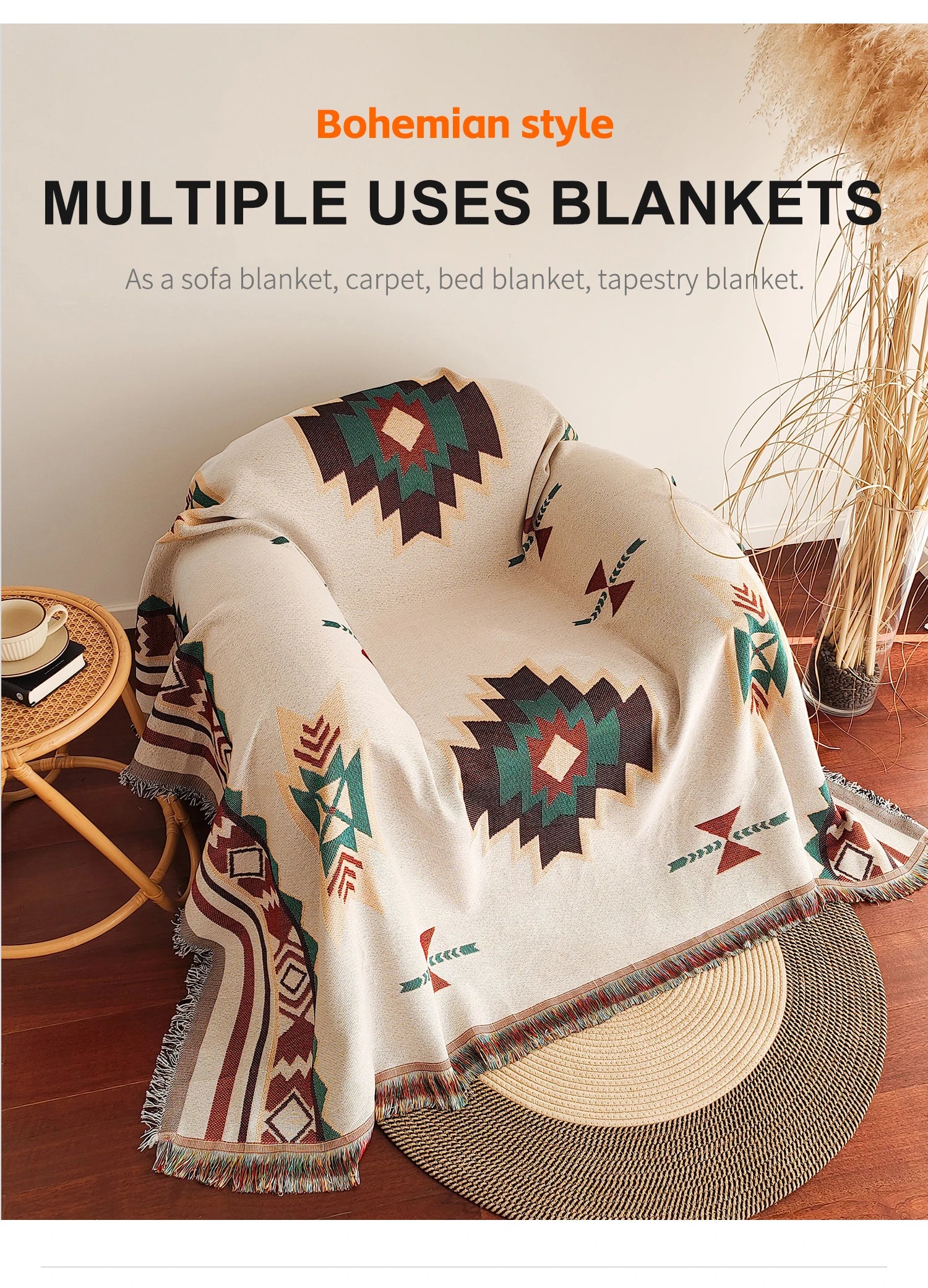 Aztec Blanket, Oversized Boho Throw Blanket with Fringe, Southwestern Geometric Tapestry Vintage Woven Throw Blankets, Double-Si