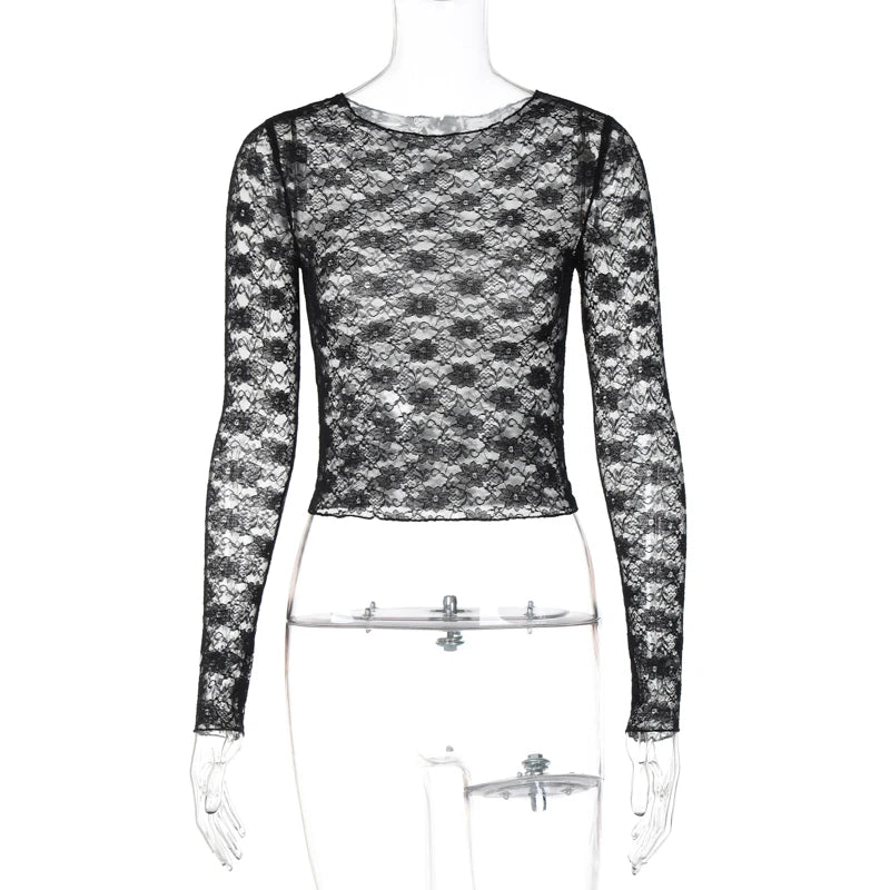 Dulzura Long Sleeves See Through Lace Crop Top Solid Sexy Bodycon T-Shirt For Women Party Club Spring Summer Clothes