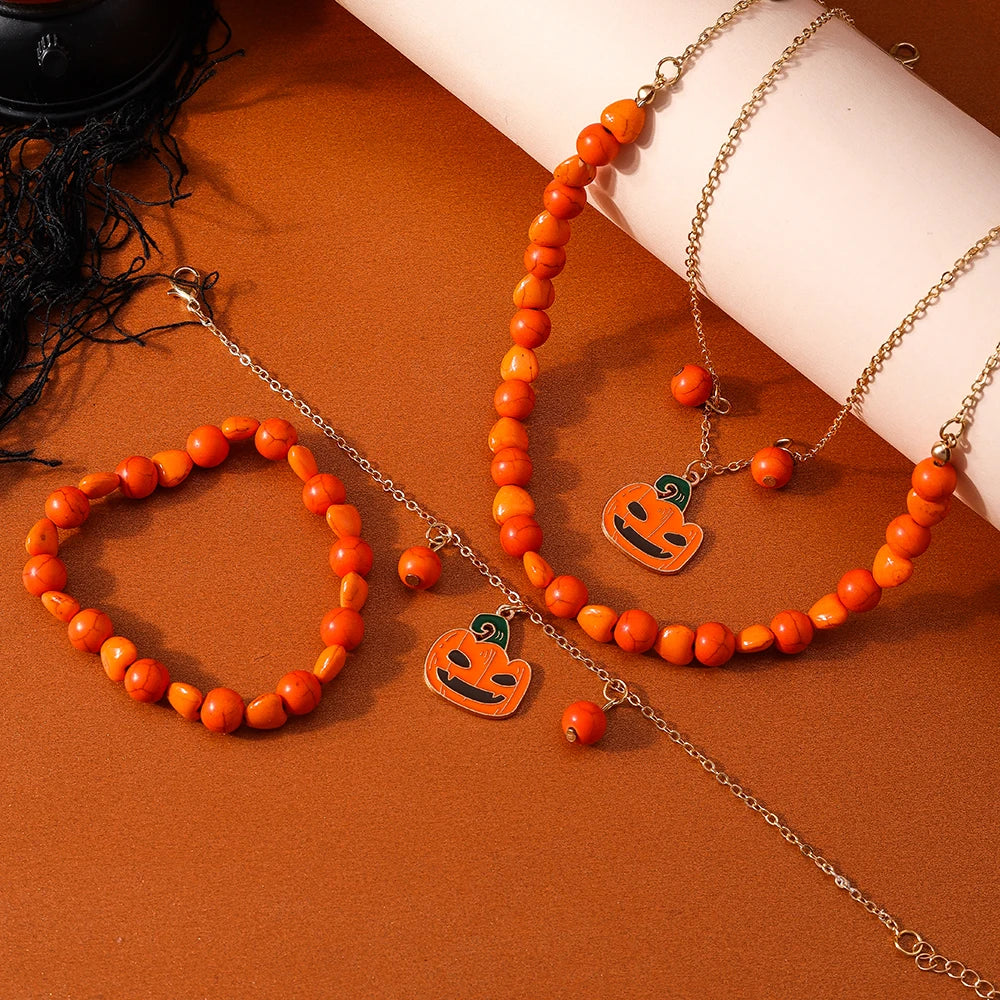 Aihua Fashion Halloween Ghost Bat Spider Necklaces Set for Women Grunge Halloween Pumpkin Bracelet Necklace Jewelry Gifts