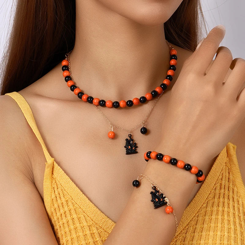 Aihua Fashion Halloween Ghost Bat Spider Necklaces Set for Women Grunge Halloween Pumpkin Bracelet Necklace Jewelry Gifts
