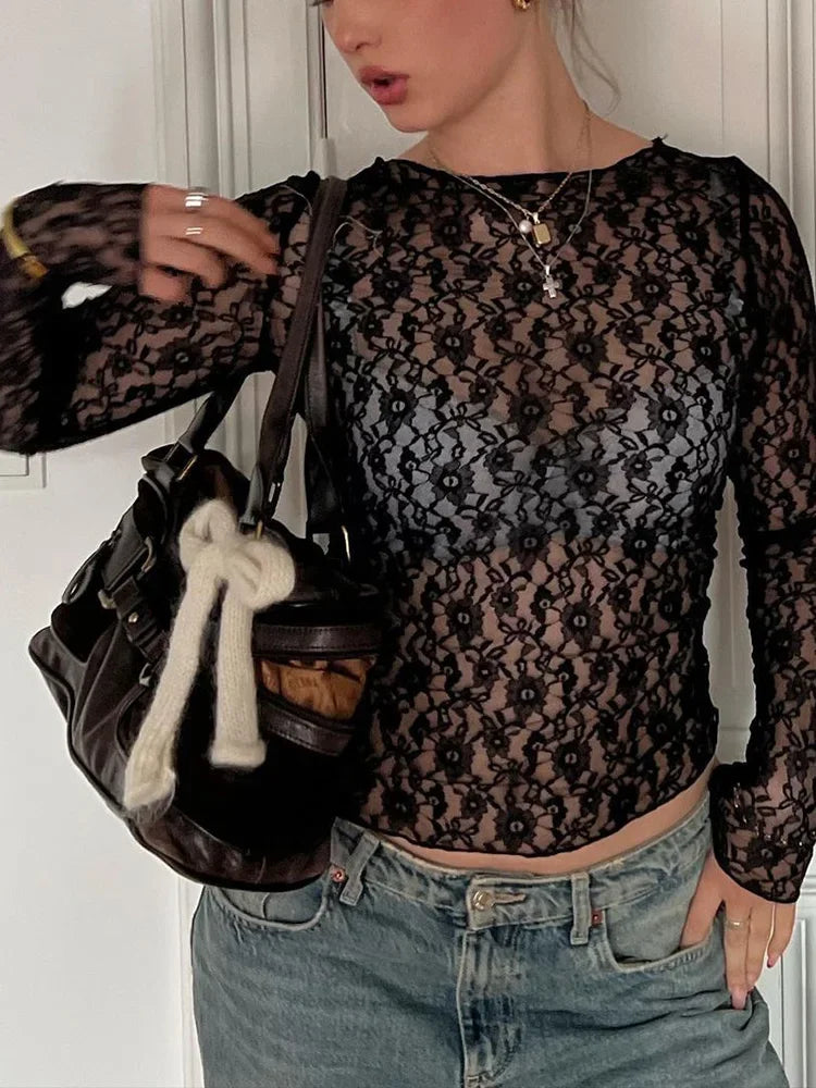 Mooyufon Long Sleeves See Through Lace Crop Top Solid Sexy Bodycon T-Shirt For Women Party Club Autumn Winter Clothes