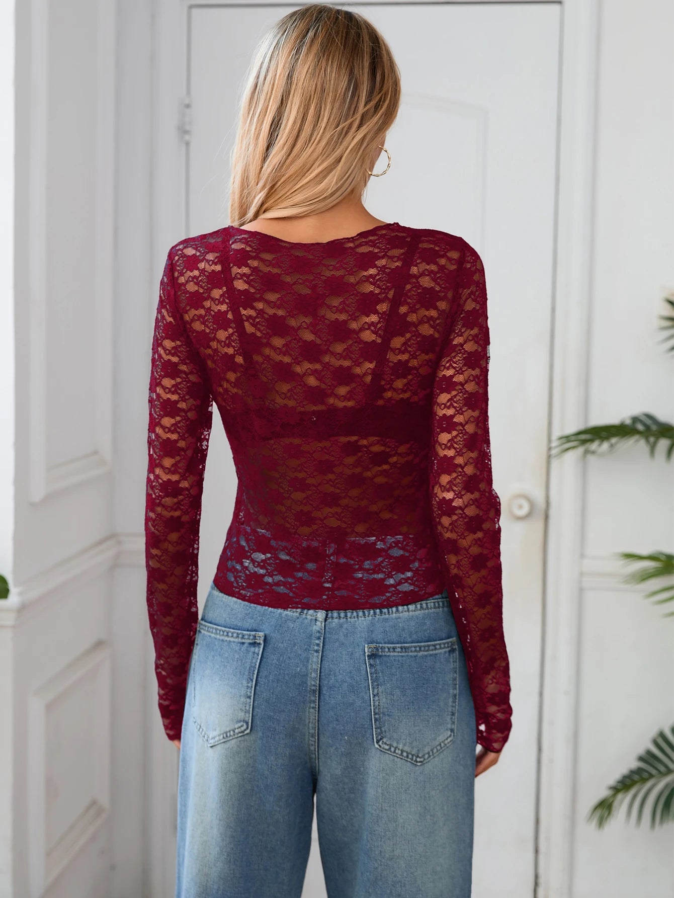 Dulzura Long Sleeves See Through Lace Crop Top Solid Sexy Bodycon T-Shirt For Women Party Club Spring Summer Clothes