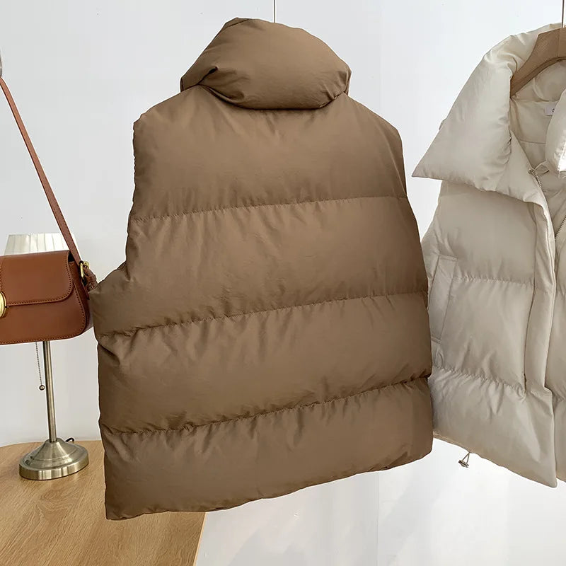 Women Fashion Autumn New 2024 Stand Collar Elegant Down Coats Warm Outerwear Casual Belt Sleeveless Winter Women Vests Jackets