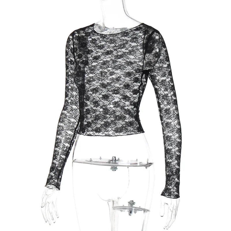 Mooyufon Long Sleeves See Through Lace Crop Top Solid Sexy Bodycon T-Shirt For Women Party Club Autumn Winter Clothes