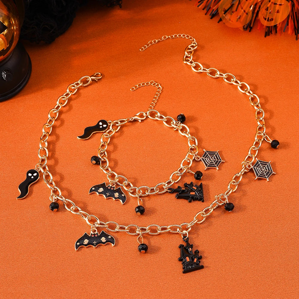 Aihua Fashion Halloween Ghost Bat Spider Necklaces Set for Women Grunge Halloween Pumpkin Bracelet Necklace Jewelry Gifts