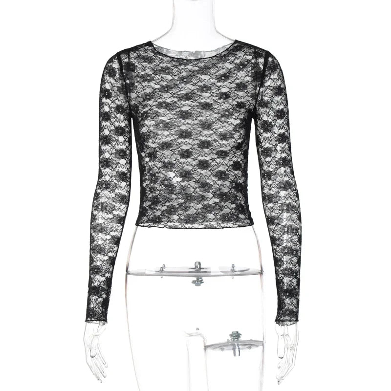 Mooyufon Long Sleeves See Through Lace Crop Top Solid Sexy Bodycon T-Shirt For Women Party Club Autumn Winter Clothes