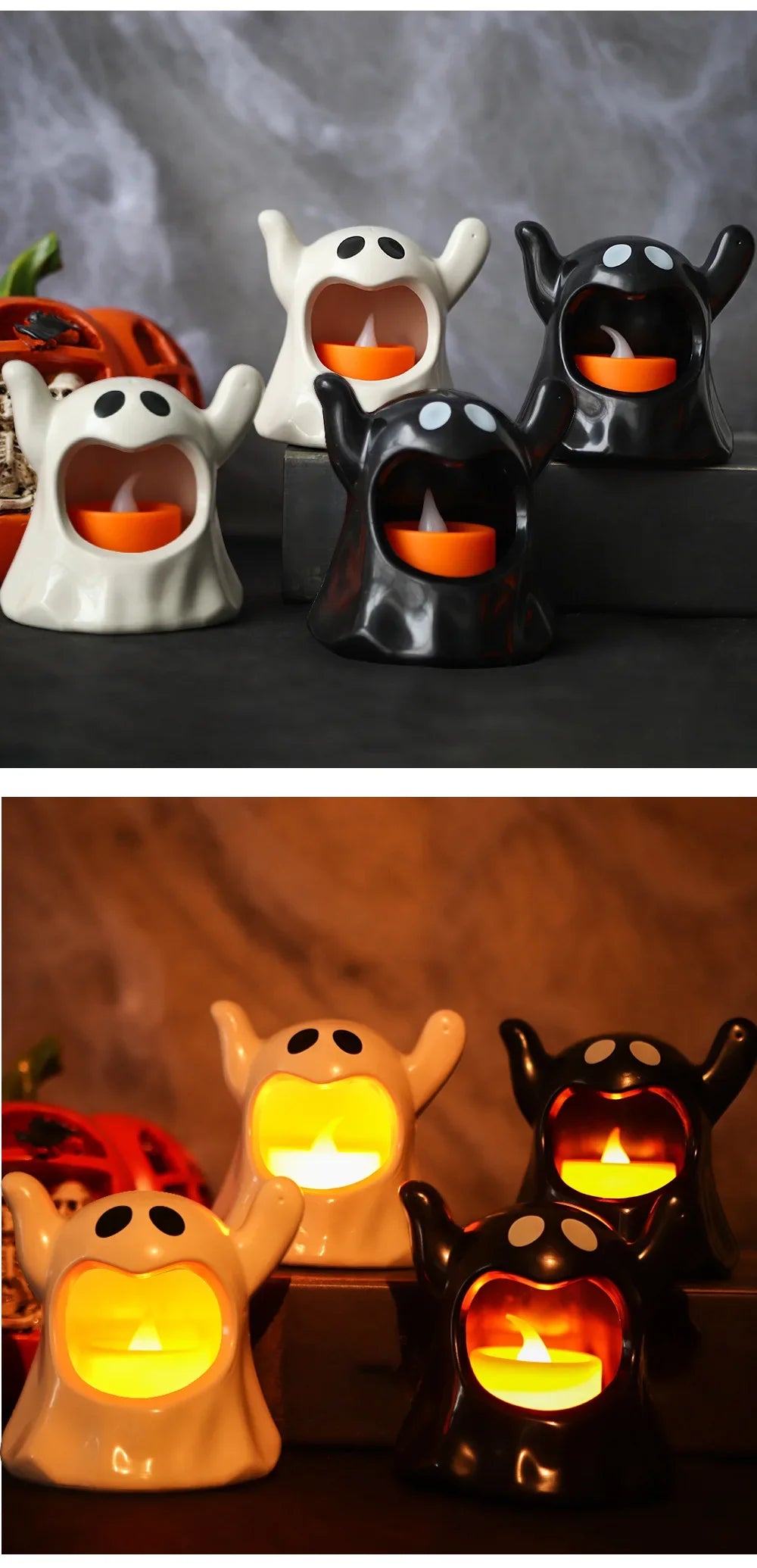 2025 New Halloween Ghost Lamp With LED Flameless Candles Decorative Halloween Party Ghosts Horror Atmosphere Props Decoration