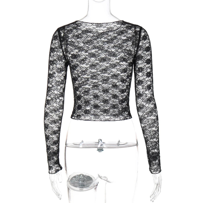 Dulzura Long Sleeves See Through Lace Crop Top Solid Sexy Bodycon T-Shirt For Women Party Club Spring Summer Clothes