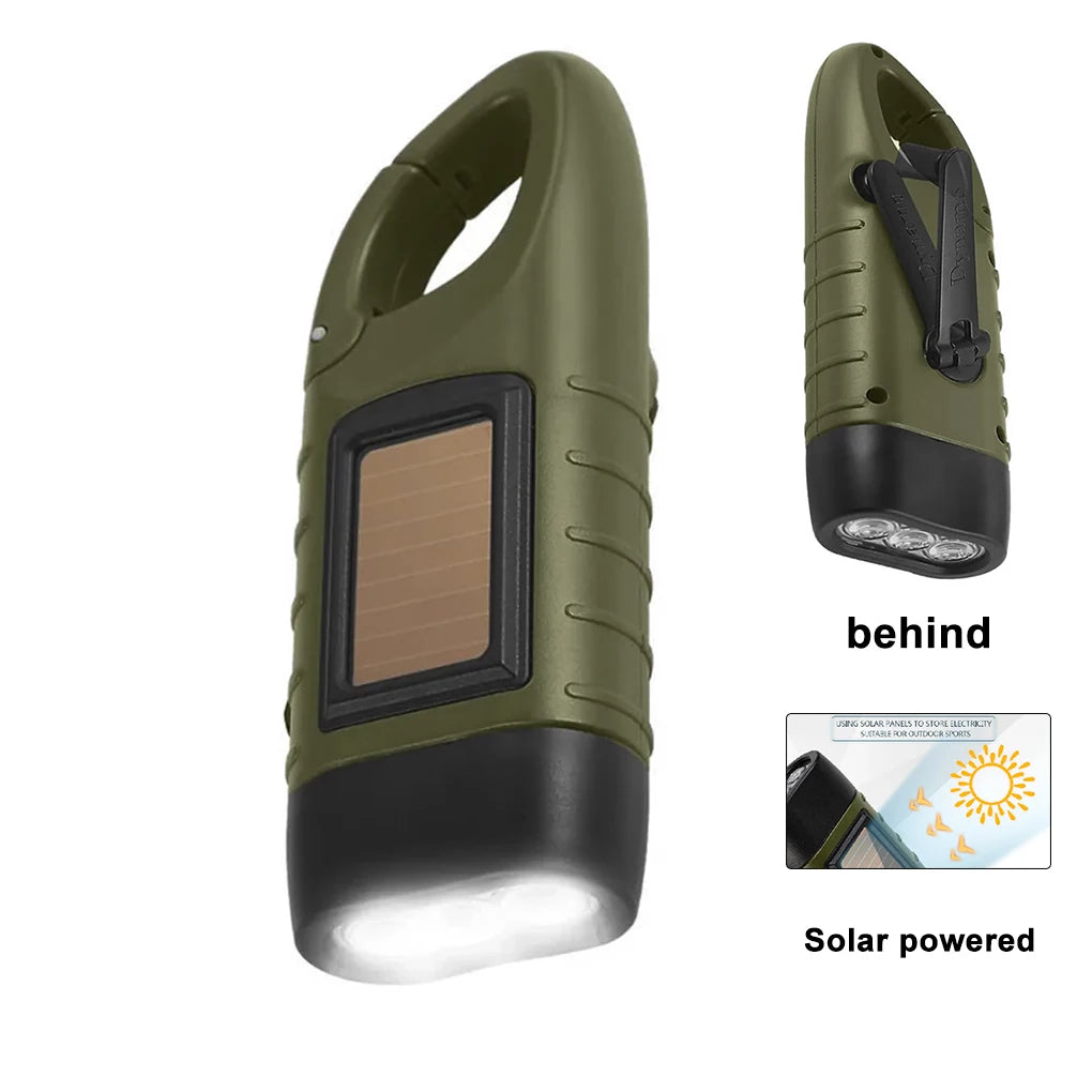 LED Flashlight Hand Crank Solar Powered Rechargeable Survival Gear Self Powered Charging Torch Dynamo for Fishing Boating Hiking