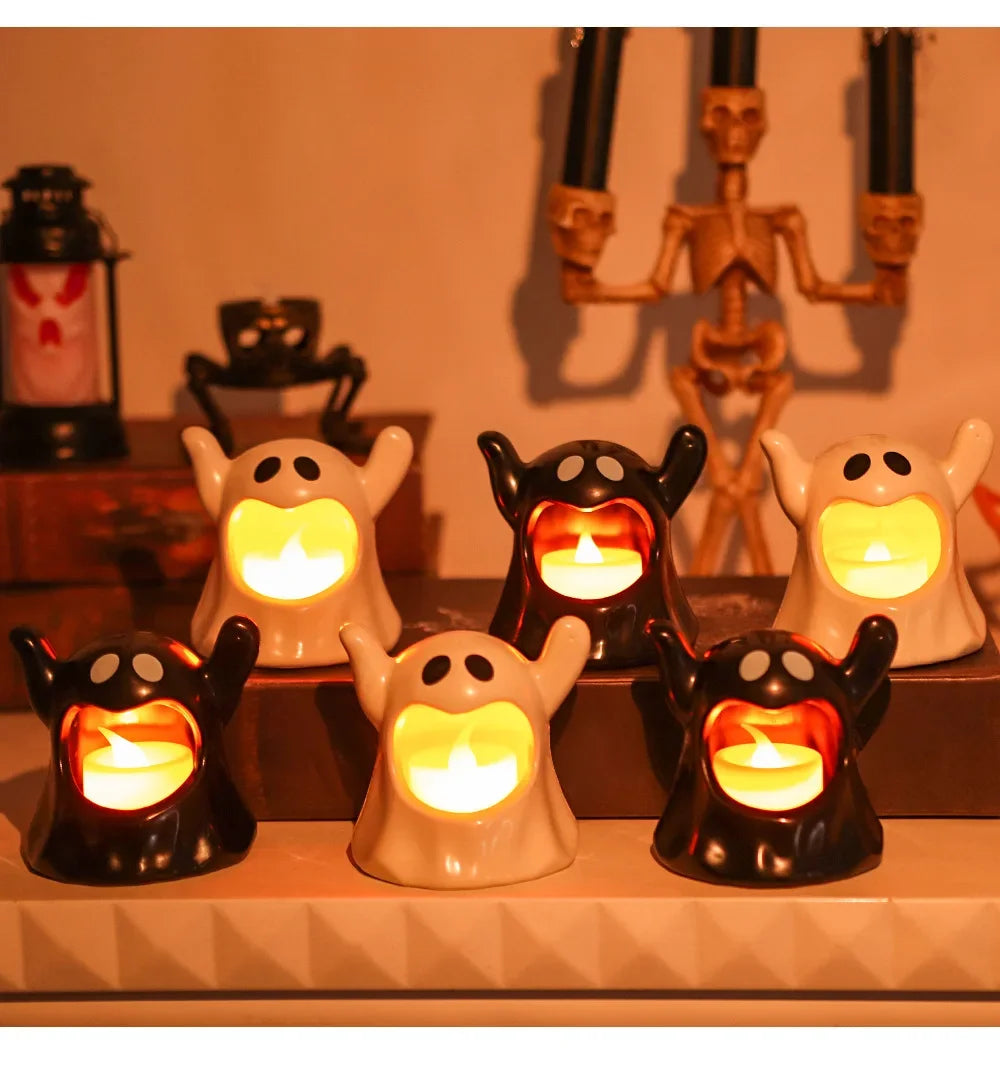 2025 New Halloween Ghost Lamp With LED Flameless Candles Decorative Halloween Party Ghosts Horror Atmosphere Props Decoration