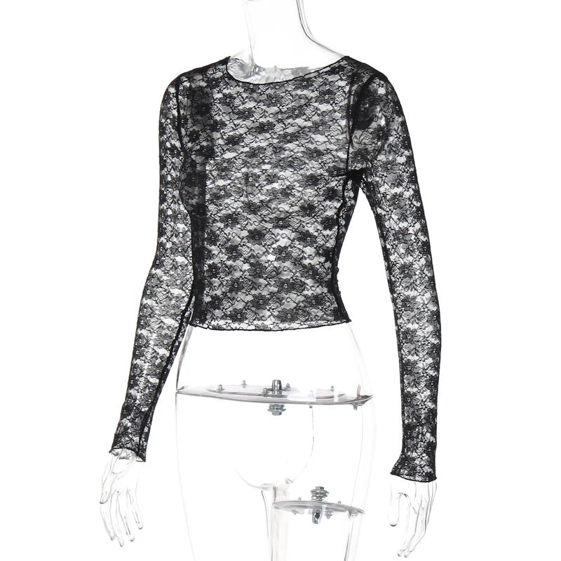 Dulzura Long Sleeves See Through Lace Crop Top Solid Sexy Bodycon T-Shirt For Women Party Club Spring Summer Clothes