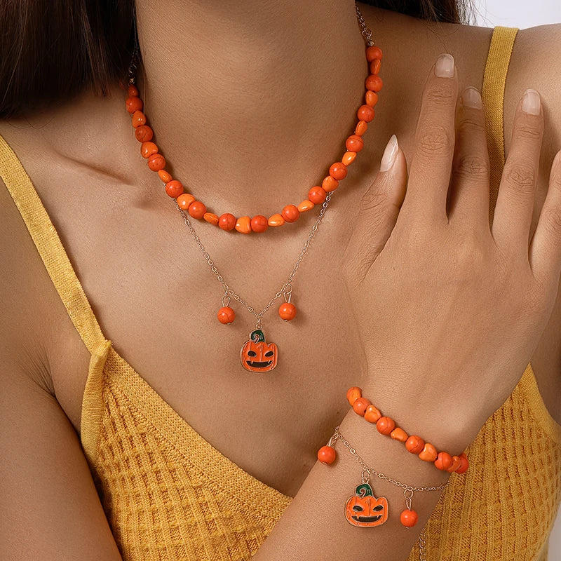 Aihua Fashion Halloween Ghost Bat Spider Necklaces Set for Women Grunge Halloween Pumpkin Bracelet Necklace Jewelry Gifts